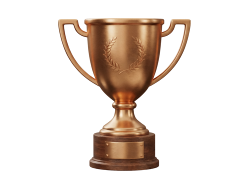Golden trophy cup with laurel wreath isolated PNG on transparent background, award prize for winning and achievement concept