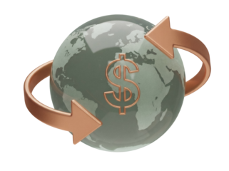 Global money exchange isolated PNG, world globe with dollar sign and arrows for international finance and currency transfer concept