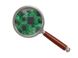 Magnifying glass with circuit board isolated PNG, close-up view of electronic components on transparent background for technology and science concepts