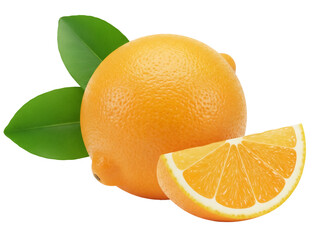 Fresh orange with slice and leaves isolated PNG, vibrant citrus fruit on transparent background for healthy eating and summer designs