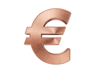 Copper euro symbol PNG isolated on transparent background, currency sign for finance, banking, and European economy concepts