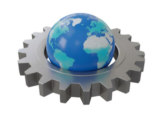 Globe on gear isolated PNG on transparent background, global business and technology concept for graphic design and web development