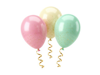 Pastel pink, yellow, and green balloons with gold glitter isolated PNG, party decorations for birthday celebration and festive events on transparent background © Irina