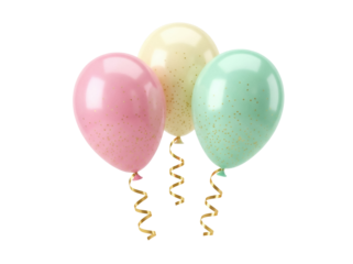 Pastel pink, yellow, and green balloons with gold glitter isolated PNG, party decorations for birthday celebration and festive events on transparent background
