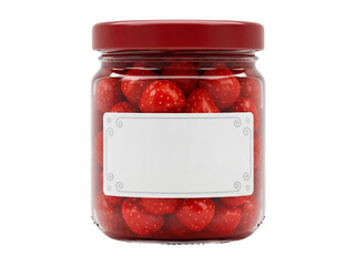 Strawberry jam in glass jar isolated PNG, homemade fruit preserve on transparent background for food design and healthy eating concepts