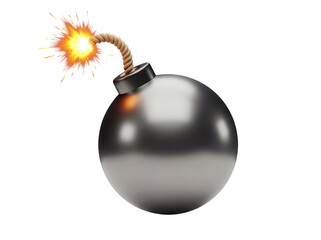 Cartoon bomb with burning fuse isolated PNG, classic round explosive device on transparent background, danger and destruction concept © Irina