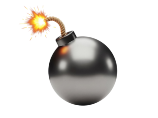 Cartoon bomb with burning fuse isolated PNG, classic round explosive device on transparent background, danger and destruction concept