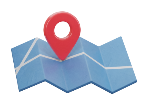 Folded map with red location pin isolated PNG, navigation and travel concept for graphic design and presentations on transparent background