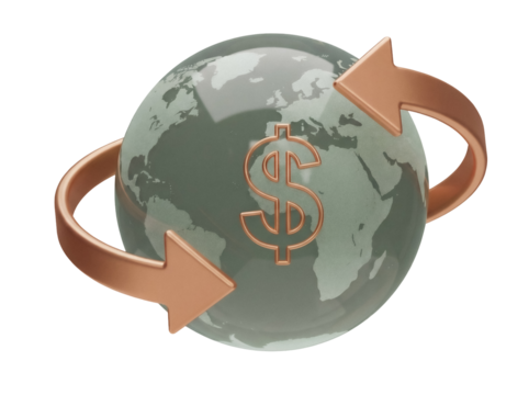 Global money exchange isolated PNG, world globe with dollar sign and arrows for international finance and currency transfer concept