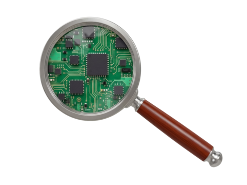 Magnifying glass with circuit board isolated PNG, close-up view of electronic components on transparent background for technology and science concepts
