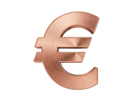 Copper euro symbol PNG isolated on transparent background, currency sign for finance, banking, and European economy concepts