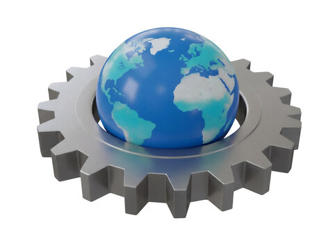 Globe on gear isolated PNG on transparent background, global business and technology concept for graphic design and web development