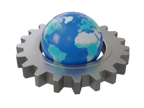 Globe on gear isolated PNG on transparent background, global business and technology concept for graphic design and web development - Powered by Adobe