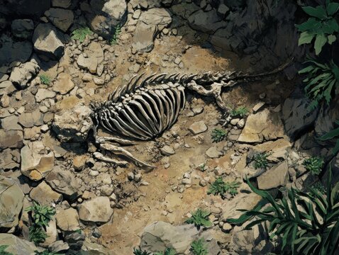 Ancient skeleton discovery remote forest digital art natural environment aerial perspective cryptic history unveiled