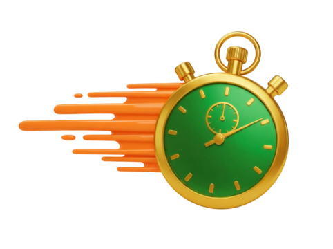 Golden stopwatch with motion trails isolated PNG, time management concept for speed, efficiency, and deadline projects on transparent background