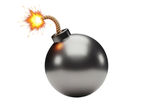 Cartoon bomb with burning fuse isolated PNG, classic round explosive device on transparent background, danger and destruction concept