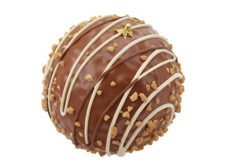 Delicious chocolate truffle isolated PNG on transparent background, gourmet dessert with nuts and decorative stripes for confectionery designs