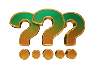 Three green and gold question marks with dots PNG isolated on transparent background, 3D rendering for quiz, game show, or mystery concept