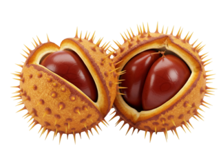 Two horse chestnuts in spiky shells PNG isolated on transparent background, autumn fruit with brown seeds for seasonal design