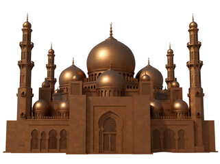 Detailed golden mosque isolated PNG, Islamic architecture with domes and minarets on transparent background, religious building for design projects