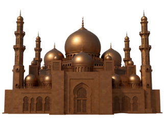 Detailed golden mosque isolated PNG, Islamic architecture with domes and minarets on transparent background, religious building for design projects