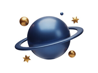 Blue planet with ring isolated PNG on transparent background, 3d render of space object with stars and spheres for graphic design and decoration