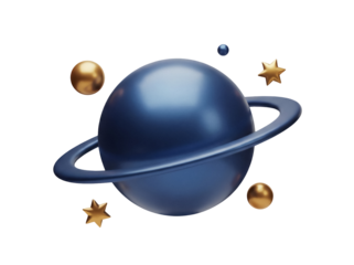 Blue planet with ring isolated PNG on transparent background, 3d render of space object with stars and spheres for graphic design and decoration