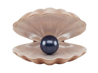 Elegant dark pearl in open oyster shell isolated PNG, symbol of luxury and rarity on transparent background