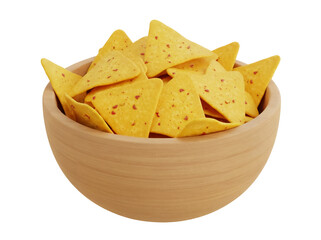 Delicious yellow tortilla chips in wooden bowl isolated PNG, crunchy snack for parties and gatherings on transparent background