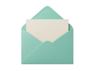 Open mint green envelope with blank card isolated PNG, stationery for invitations and greetings on transparent background
