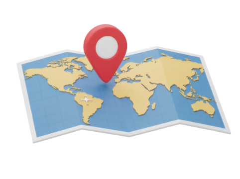 World map with location pin isolated PNG, global travel destination concept with continents and oceans for geography and cartography projects - Powered by Adobe
