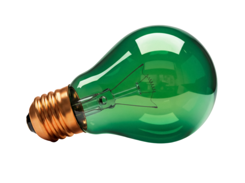 Green light bulb isolated PNG on transparent background, vintage style electric lamp for decoration and energy concepts