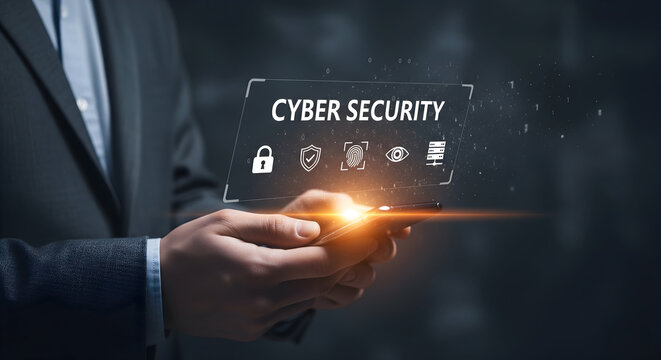 Professional uses secure mobile device for cyber security with lock, shield, fingerprint, eye, and server icons for data protection and network safety solutions