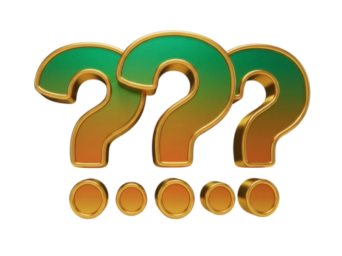 Three green and gold question marks with dots PNG isolated on transparent background, 3D rendering for quiz, game show, or mystery concept