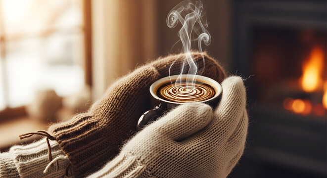 Cozy hands in knitted mittens holding a steaming cup of hot chocolate by a warm fireplace