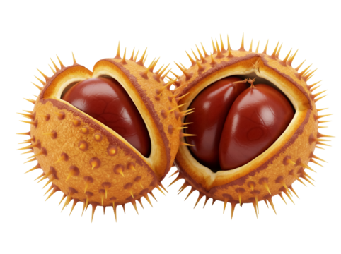 Two horse chestnuts in spiky shells PNG isolated on transparent background, autumn fruit with brown seeds for seasonal design