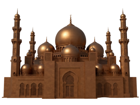 Detailed golden mosque isolated PNG, Islamic architecture with domes and minarets on transparent background, religious building for design projects