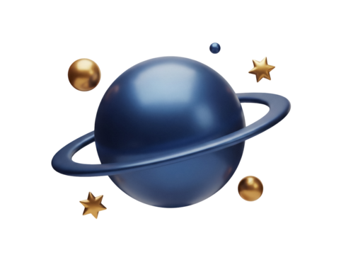 Blue planet with ring isolated PNG on transparent background, 3d render of space object with stars and spheres for graphic design and decoration