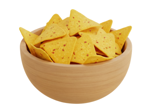 Delicious yellow tortilla chips in wooden bowl isolated PNG, crunchy snack for parties and gatherings on transparent background