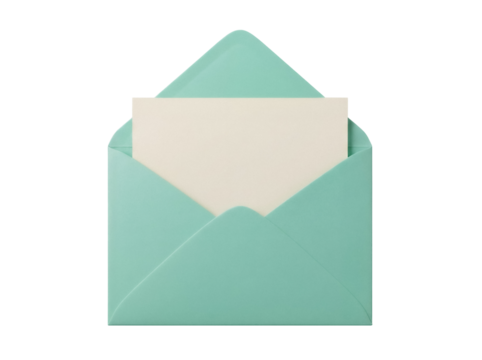 Open mint green envelope with blank card isolated PNG, stationery for invitations and greetings on transparent background