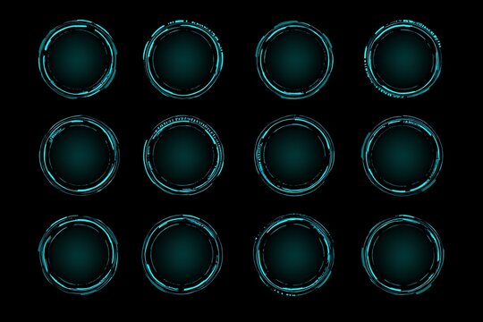 3d illustration of twelve glowing cyan abstract circular frames on a dark background