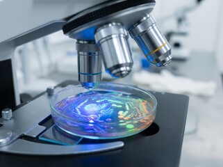 Microscope examining colorful petri dish in laboratory research