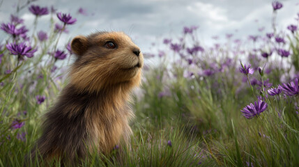 A cute groundhog on a festive spring day. Groundhog Day. A groundhog with fluffy fur. Landscape view.