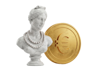 Marble bust with pearl necklace and golden Euro coin isolated PNG, classical sculpture and currency on transparent background