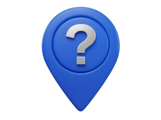 Blue map pointer with question mark isolated PNG, location pin icon for navigation and travel apps on transparent background