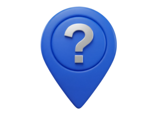 Blue map pointer with question mark isolated PNG, location pin icon for navigation and travel apps on transparent background