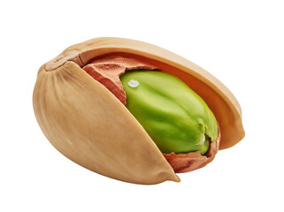 Pistachio nut in cracked shell isolated PNG, healthy snack food with green kernel on transparent...