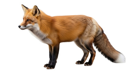 Red fox standing isolated PNG on transparent background, vulpes vulpes with orange fur and bushy tail for wildlife and nature designs