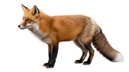 Red fox standing isolated PNG on transparent background, vulpes vulpes with orange fur and bushy tail for wildlife and nature designs