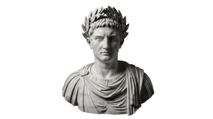 Marble bust of Roman emperor with laurel wreath isolated PNG, ancient sculpture for history and classical art projects
